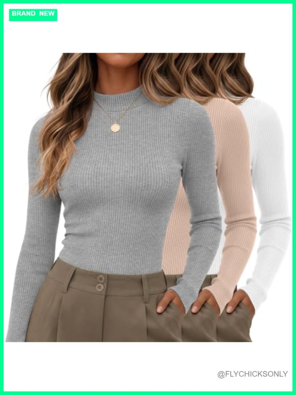 Women's Mock Turtleneck Long Sleeve Ribbed Top 3 Pack